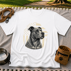 Patriotic Pit Bull Dog design on a White T-shirt.