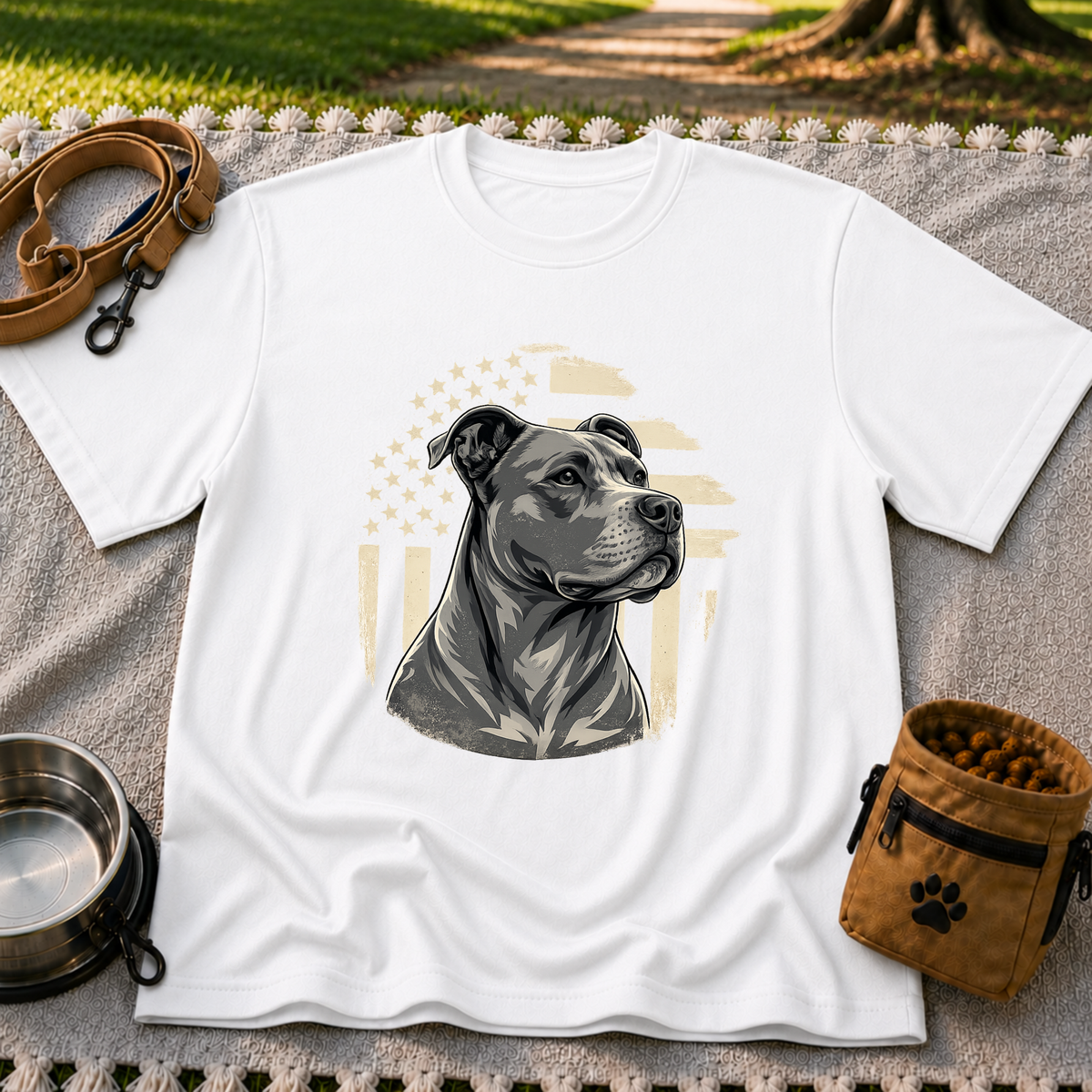 Patriotic Pit Bull Dog design on a White T-shirt.