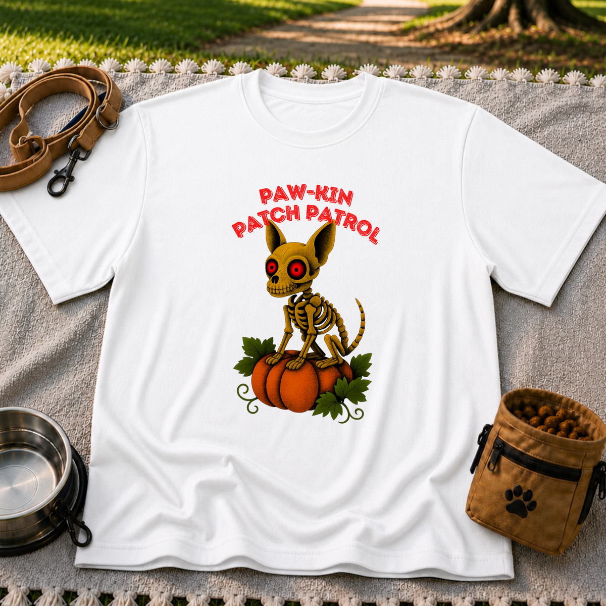 Paw-kin Patch Patrol Skeleton Chihuahua Halloween design on a White T-shirt.