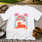 Psychedelic Dog Palm Trees design on a White T-shirt.