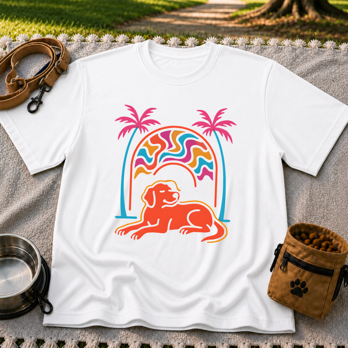Psychedelic Dog Palm Trees design on a White T-shirt.