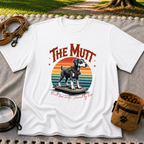 a mixed-breed dog above a “built from scraps, powered by love” sentiment. On a White T-shirt.