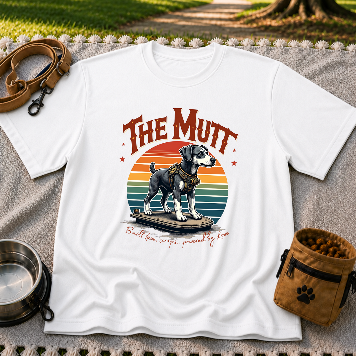 a mixed-breed dog above a “built from scraps, powered by love” sentiment. On a White T-shirt.
