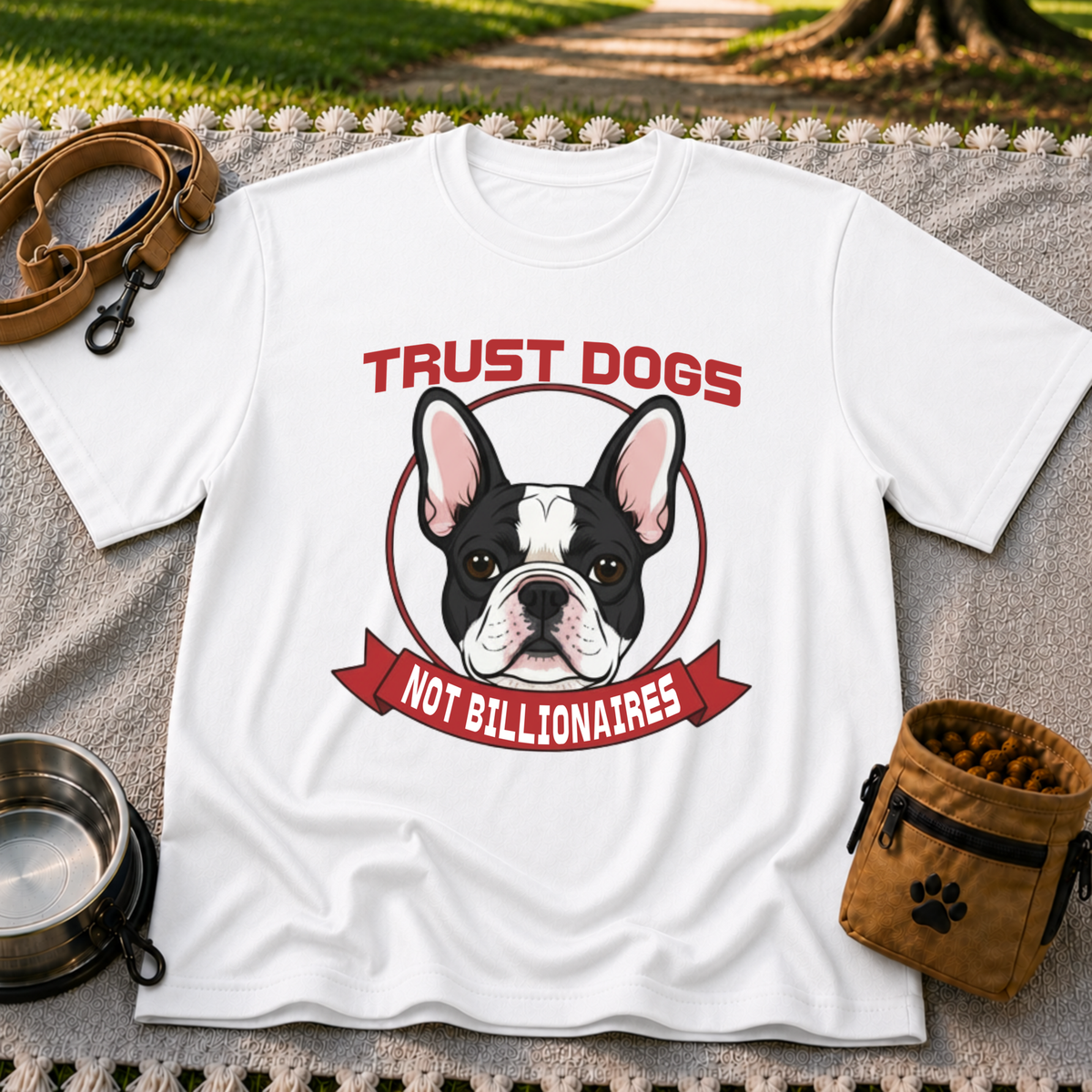 White T-shirt mockup featuring French Bulldog portrait in a circular badge above a red Trust Dogs Not Billionaires ribbon.