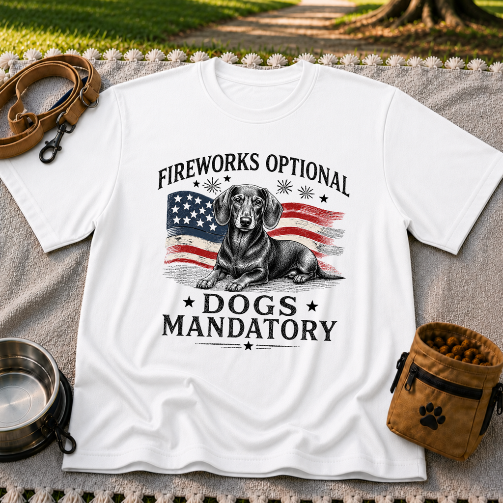 a Dachshund beside “Fireworks optional, dogs mandatory”. On a White T-shirt.