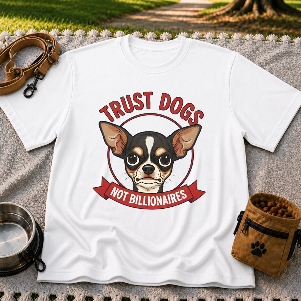 White T-shirt mockup featuring Chihuahua portrait above a red Trust Dogs Not Billionaires banner.