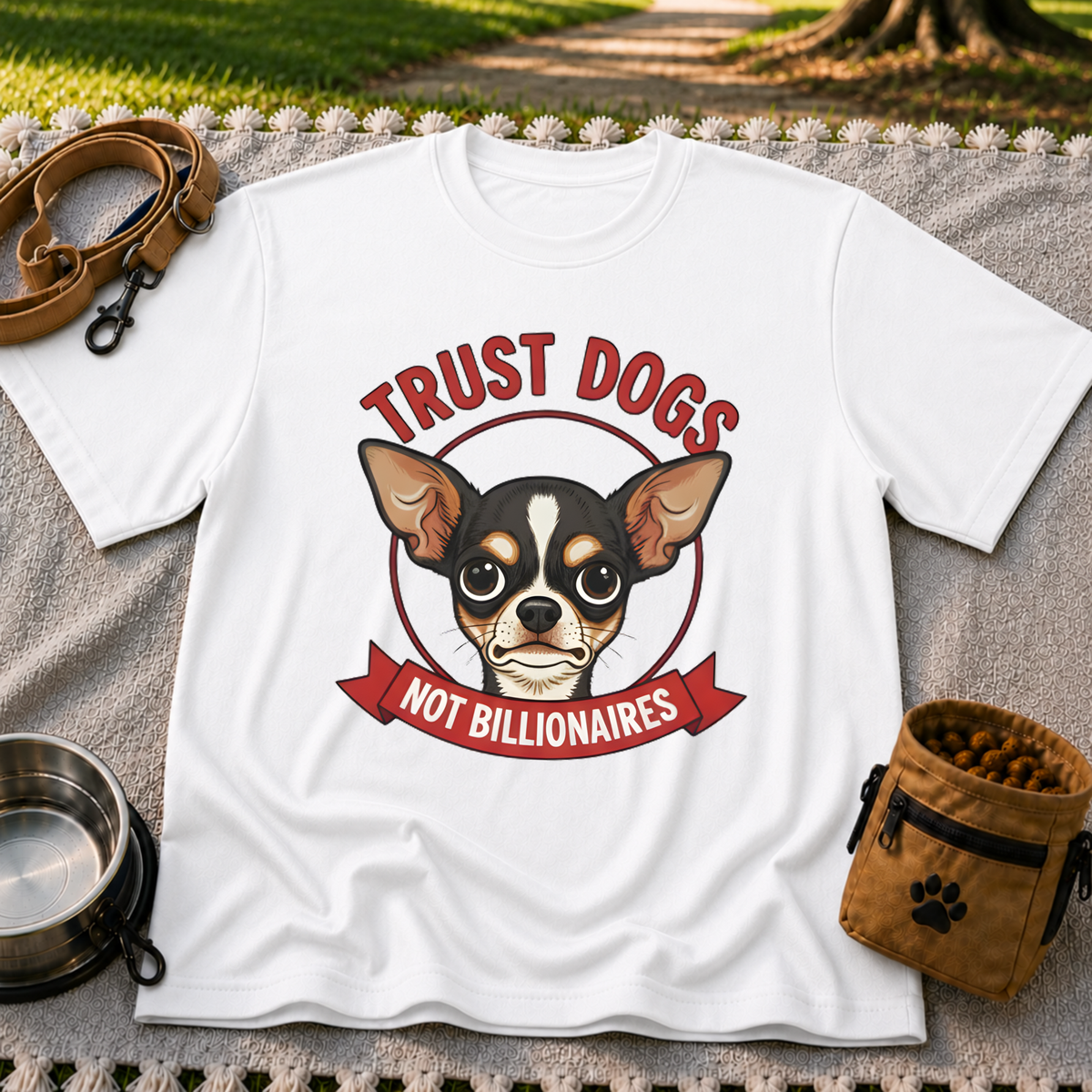 White T-shirt mockup featuring Chihuahua portrait above a red Trust Dogs Not Billionaires banner.