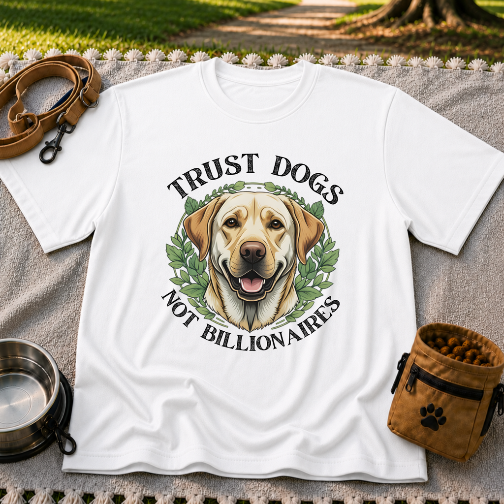 a Labrador portrait framed by “Trust Dogs Not Billionaires”. On a White T-shirt.