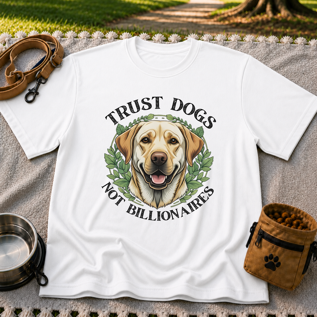 a Labrador portrait framed by “Trust Dogs Not Billionaires”. On a White T-shirt.