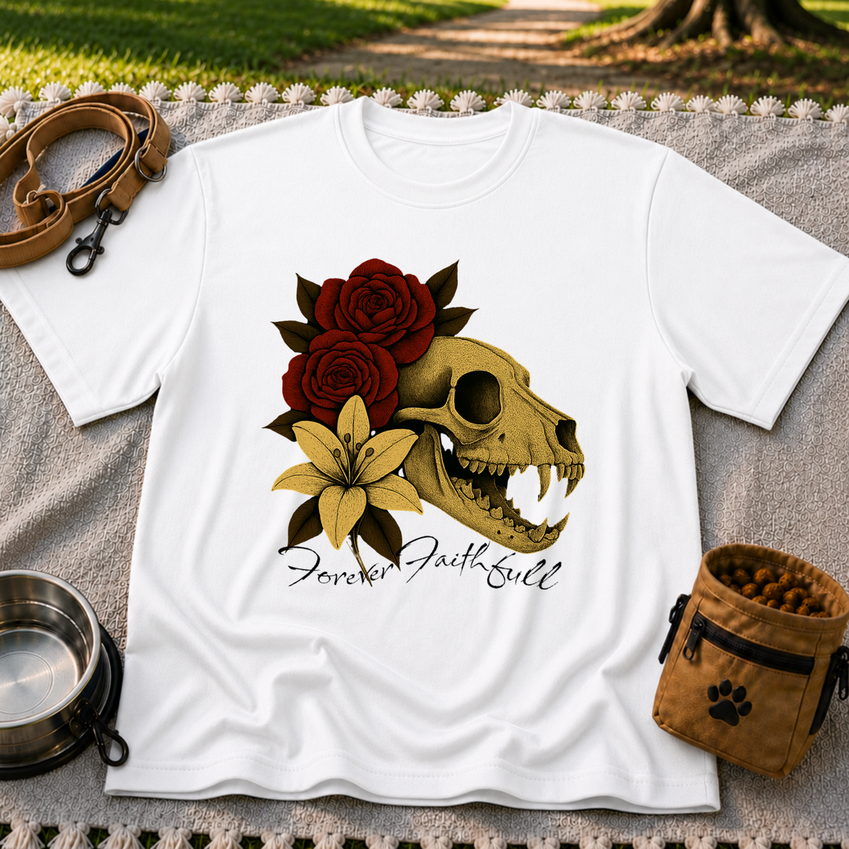 a dog skull with roses and the words “Forever Faithful”. On a White T-shirt.