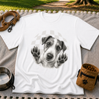 Jack Russell Terrier Paws Up artwork on a White T-shirt.