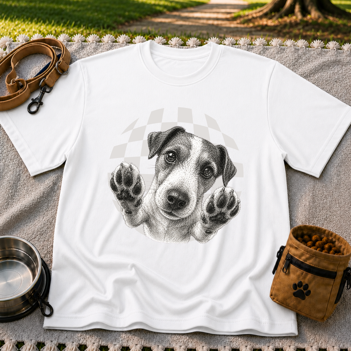 Jack Russell Terrier Paws Up artwork on a White T-shirt.