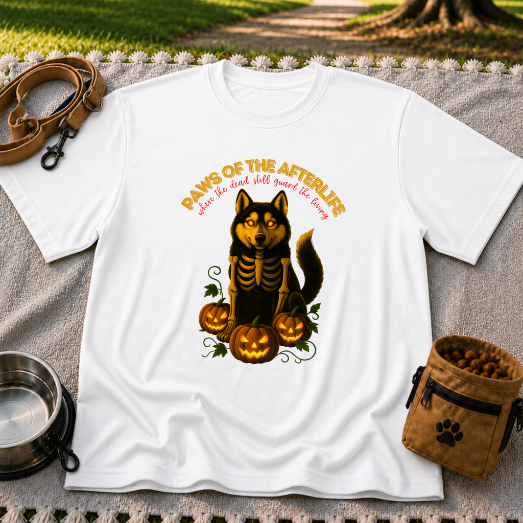 Paws of the Afterlife Husky Skeleton Halloween design on a White T-shirt.