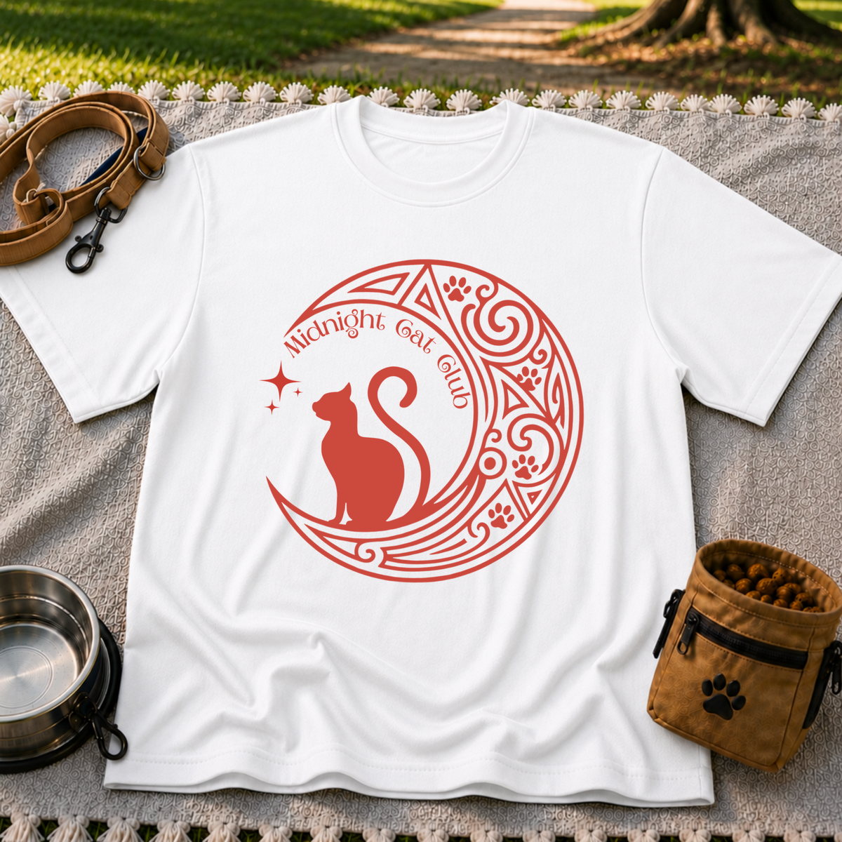 Midnight Cat Club Moon artwork on a White T-shirt.