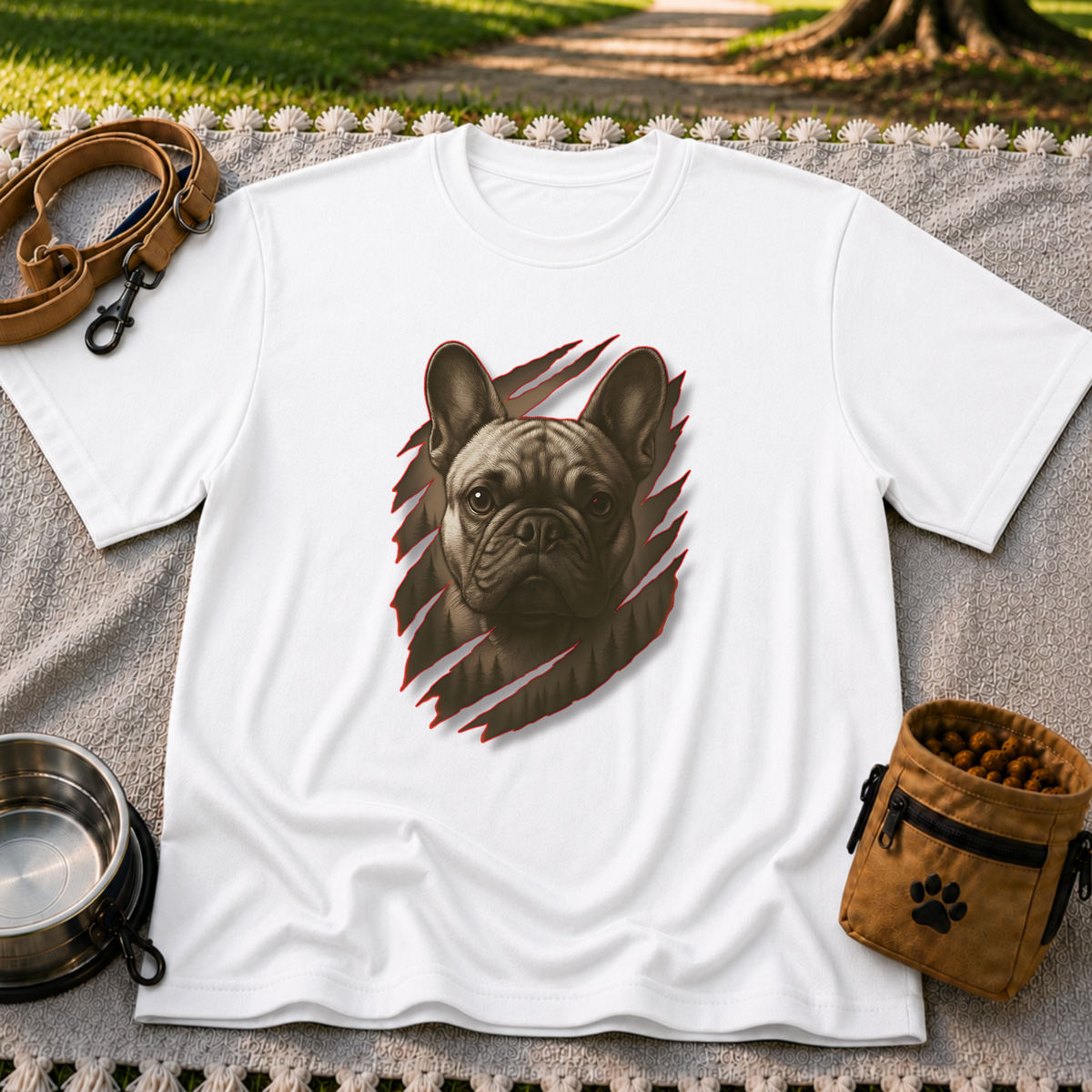 French Bulldog Claw Rip Portrait artwork on a White T-shirt.