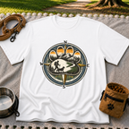 White T-shirt mockup featuring compass rose framing a hiker and dog on a mountain trail.