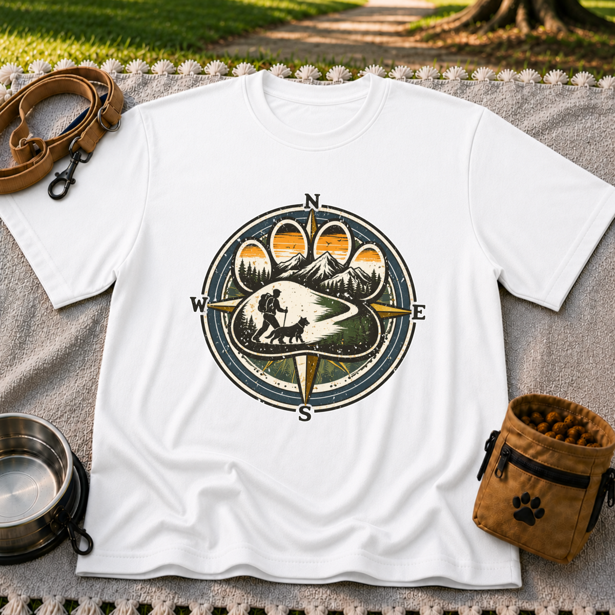 White T-shirt mockup featuring compass rose framing a hiker and dog on a mountain trail.