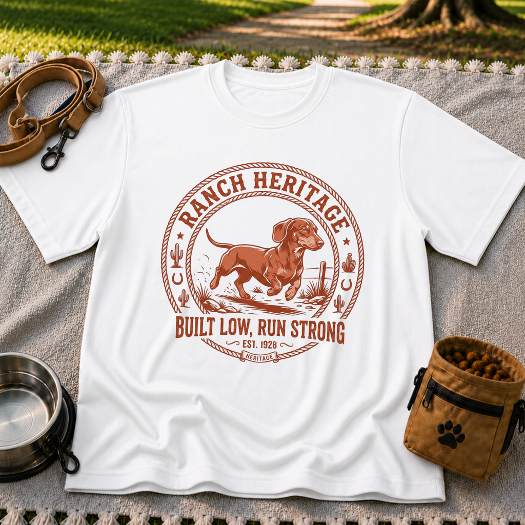 a Dachshund running inside a “Ranch Heritage” western emblem. On a White T-shirt.