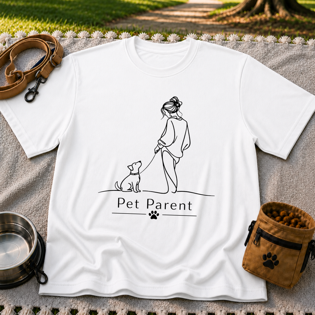 a person walking a dog beneath the words “Pet Parent”. On a White T-shirt.