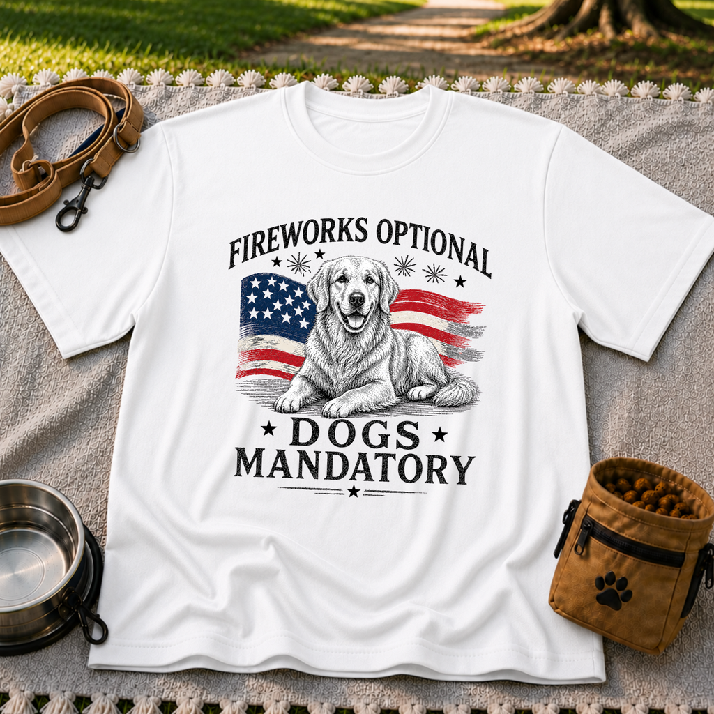 a Golden Retriever beside “Fireworks optional, dogs mandatory”. On a White T-shirt.