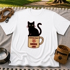 White T-shirt mockup featuring black cat sitting on a Coffee First Darkness Later mug.