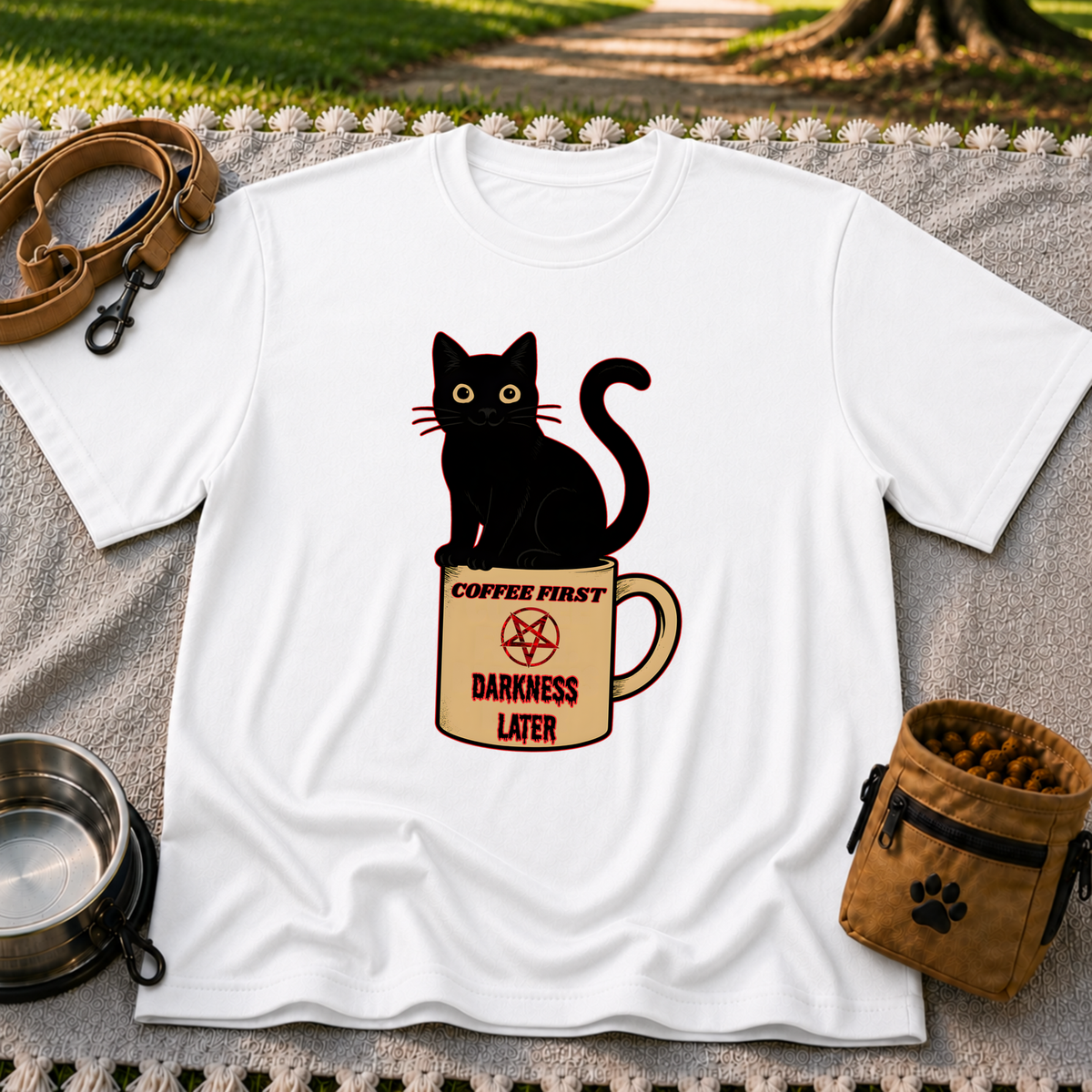 White T-shirt mockup featuring black cat sitting on a Coffee First Darkness Later mug.