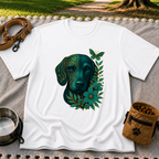 White T-shirt mockup featuring teal dog portrait with golden circuit lines, leaves, and a butterfly.
