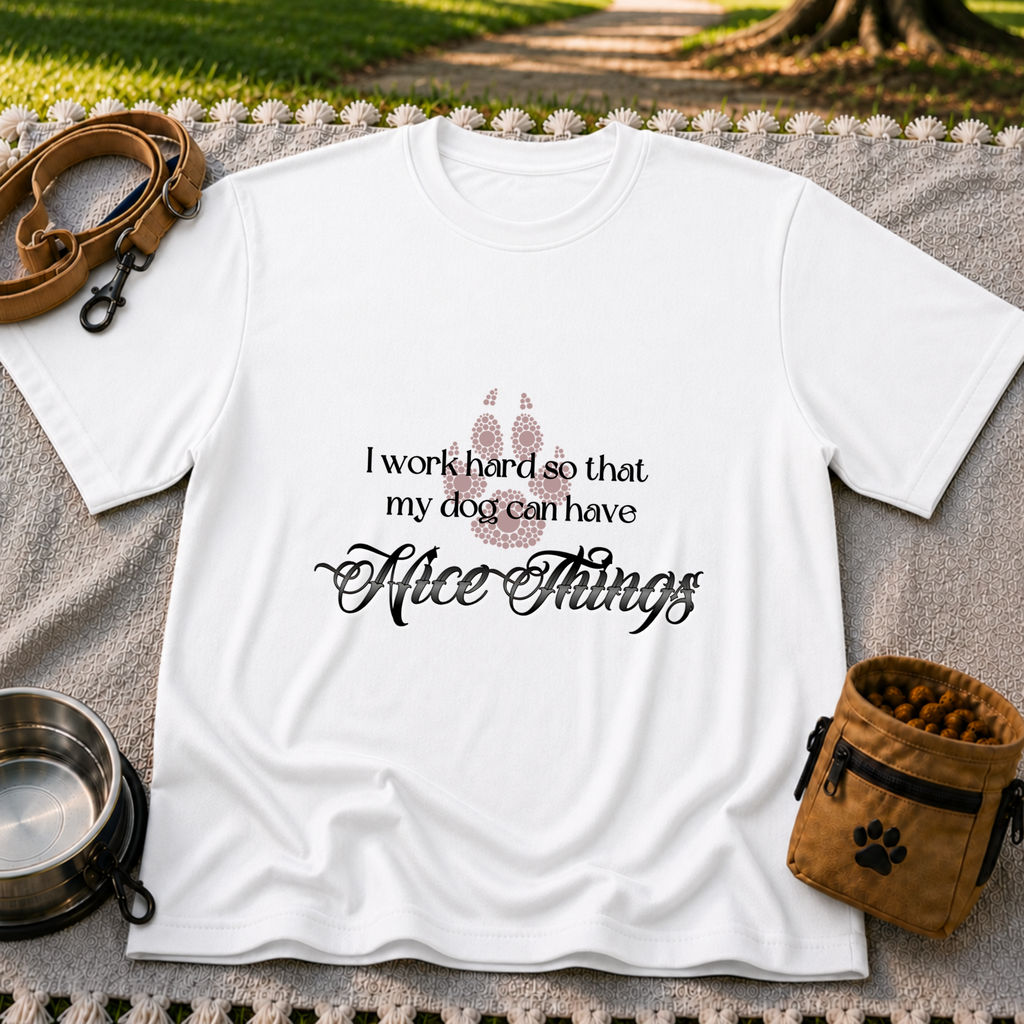 a paw and a “work hard so my dog can have nice things” message. On a White T-shirt.