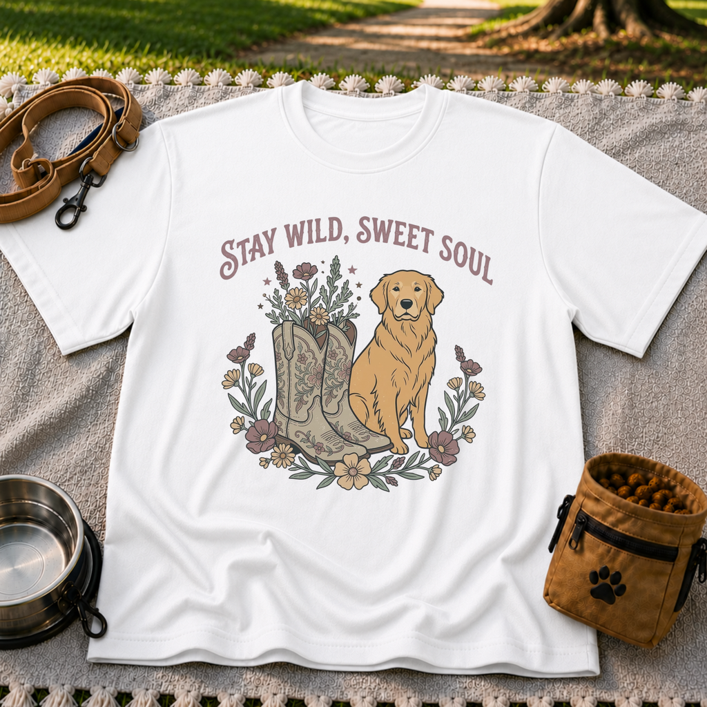 White T-shirt mockup featuring golden-coated dog beside floral cowboy boots and flowers beneath Stay Wild Sweet Soul.