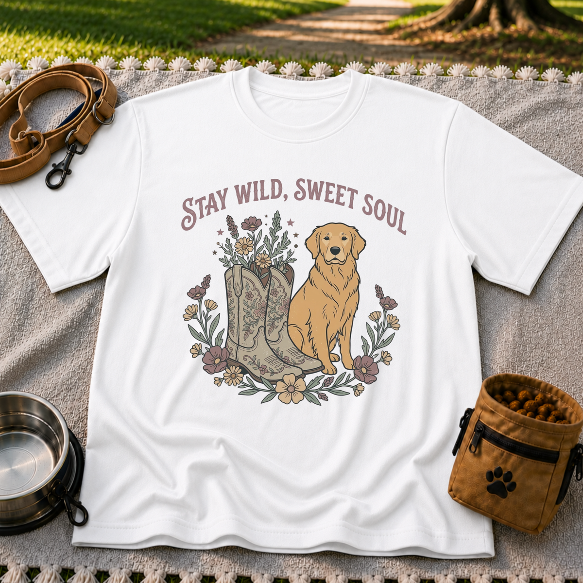 White T-shirt mockup featuring golden-coated dog beside floral cowboy boots and flowers beneath Stay Wild Sweet Soul.