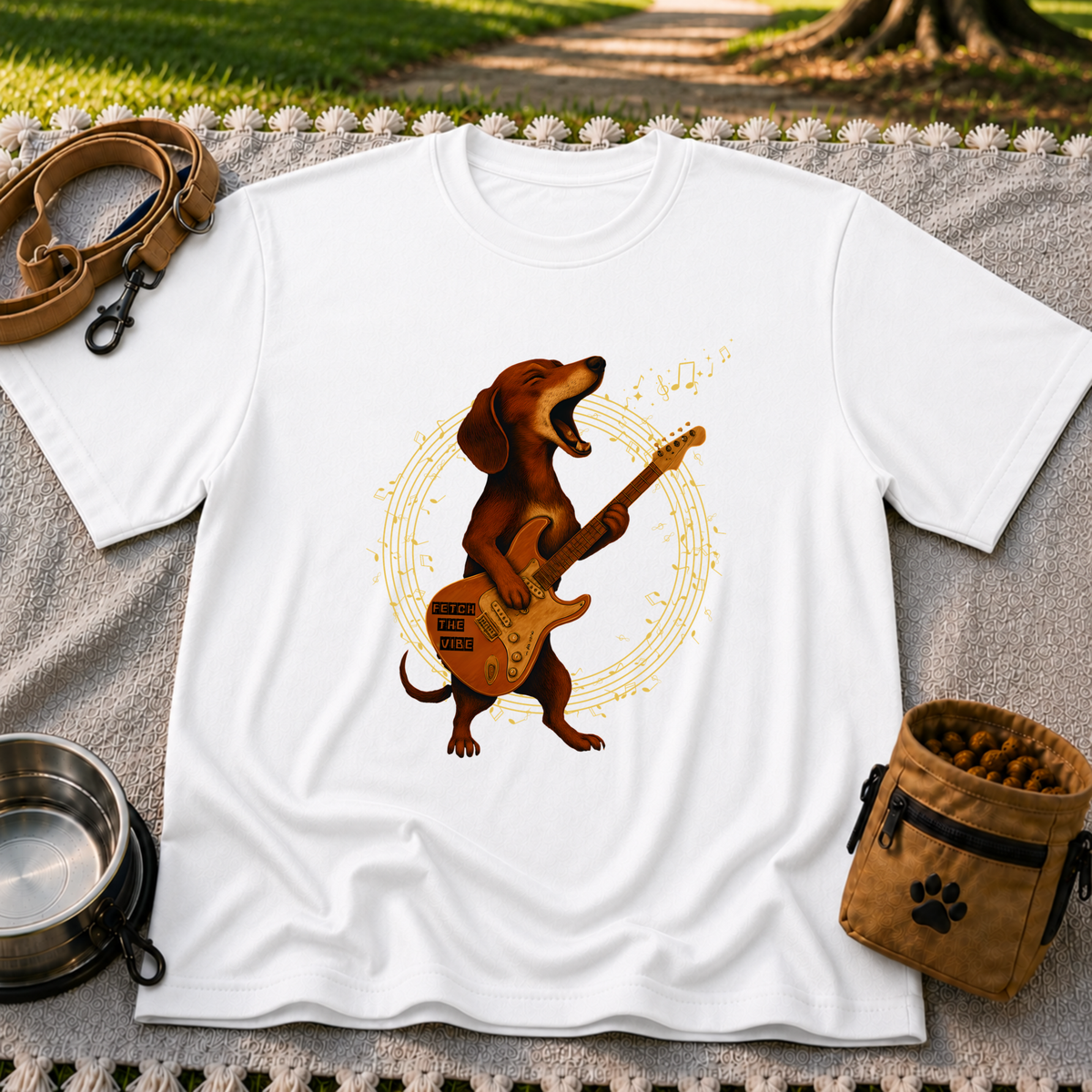 Rockin’ Dachshund Guitar artwork on a White T-shirt.