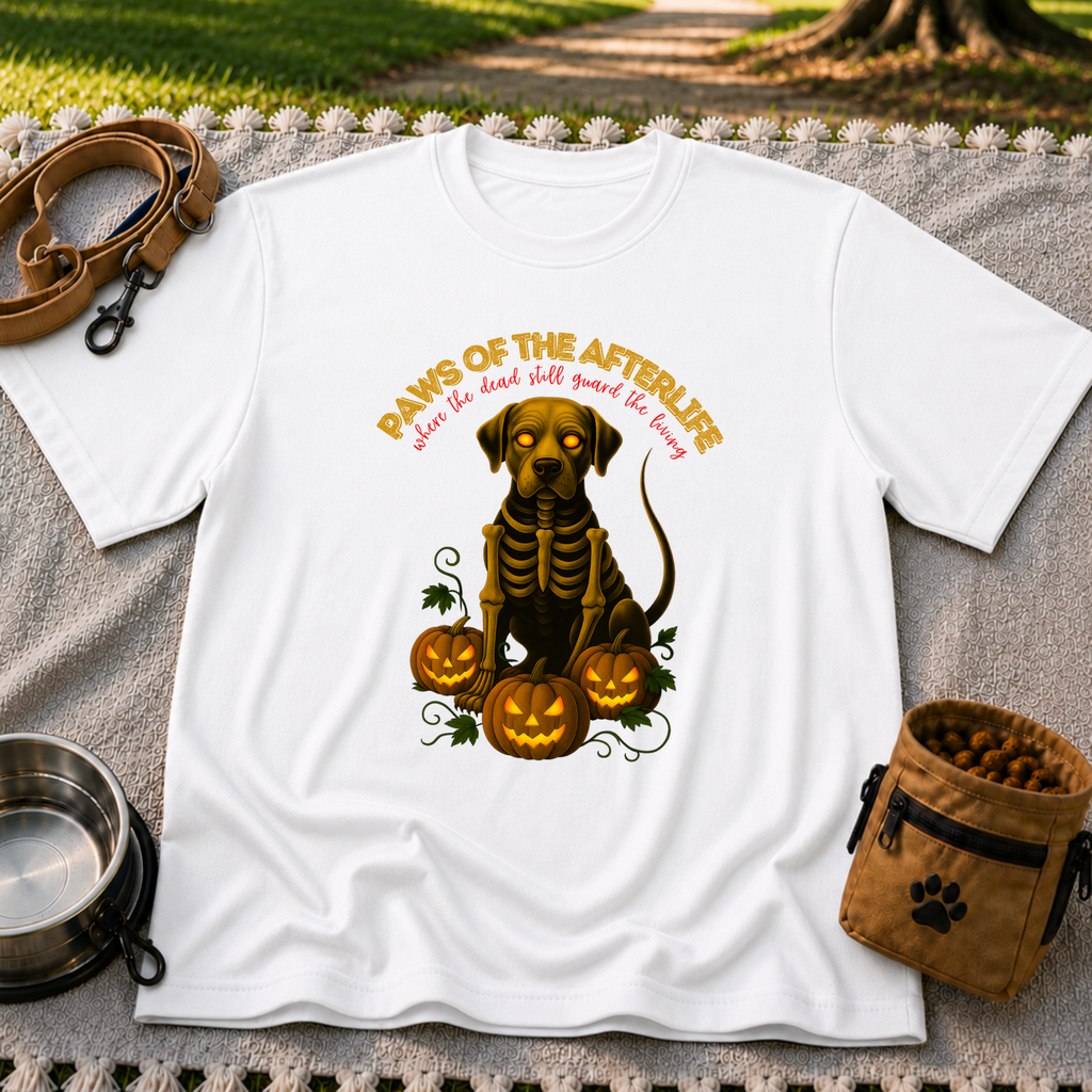 Paws of the Afterlife Labrador Skeleton Halloween design on a White T-shirt.