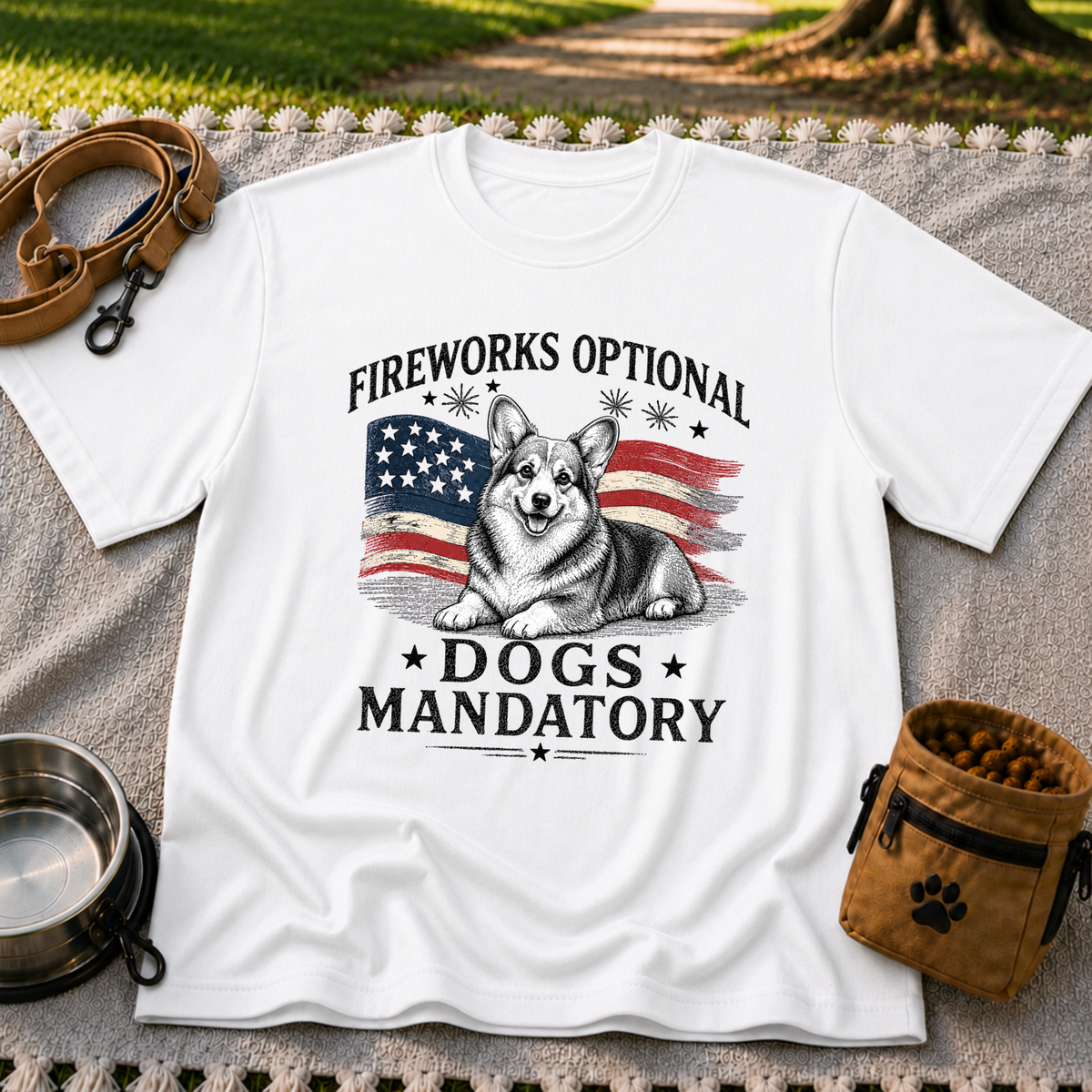 a Corgi beside “Fireworks optional, dogs mandatory”. On a White T-shirt.