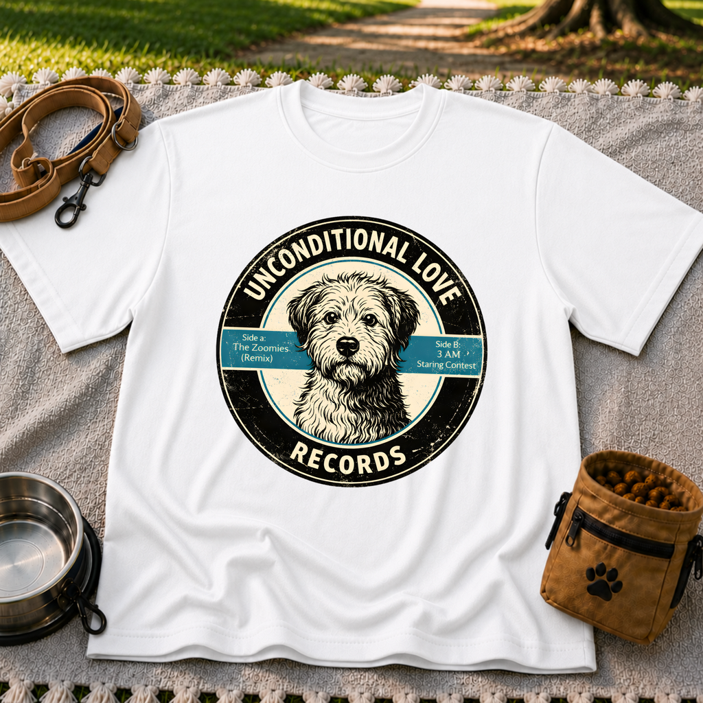 White T-shirt mockup featuring shaggy dog portrait on a record label with playful track names.