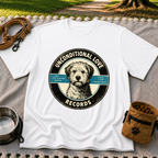 White T-shirt mockup featuring shaggy dog portrait on a record label with playful track names.