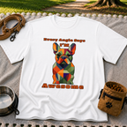 White T-shirt mockup featuring faceted multicolor French Bulldog portrait with Every Angle Says I’m Awesome lettering.