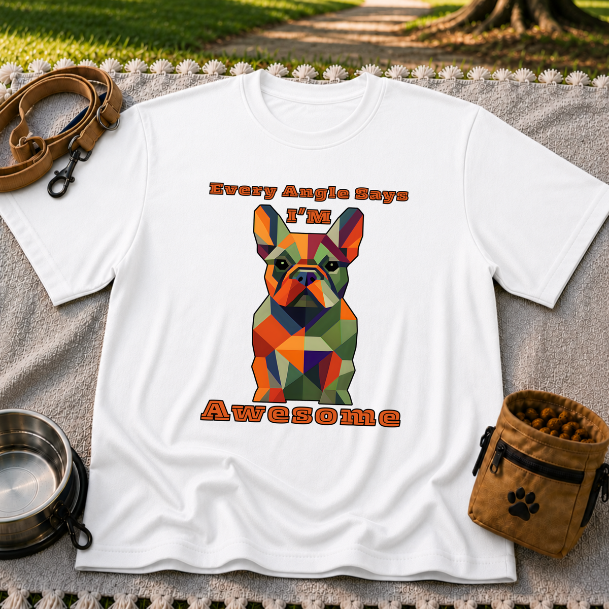 White T-shirt mockup featuring faceted multicolor French Bulldog portrait with Every Angle Says I’m Awesome lettering.