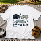 Lounge Life Cat design on a White T-shirt.