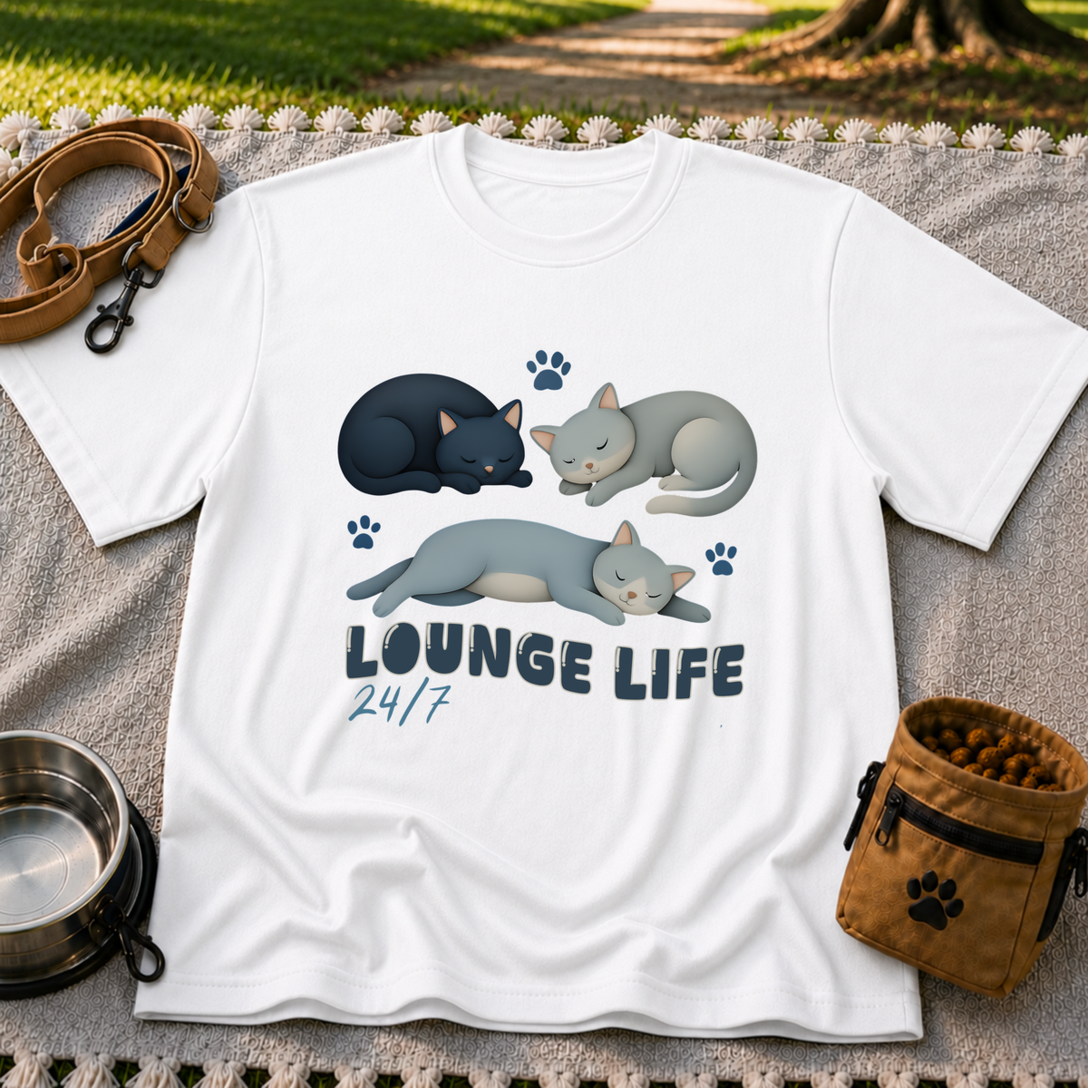 Lounge Life Cat design on a White T-shirt.