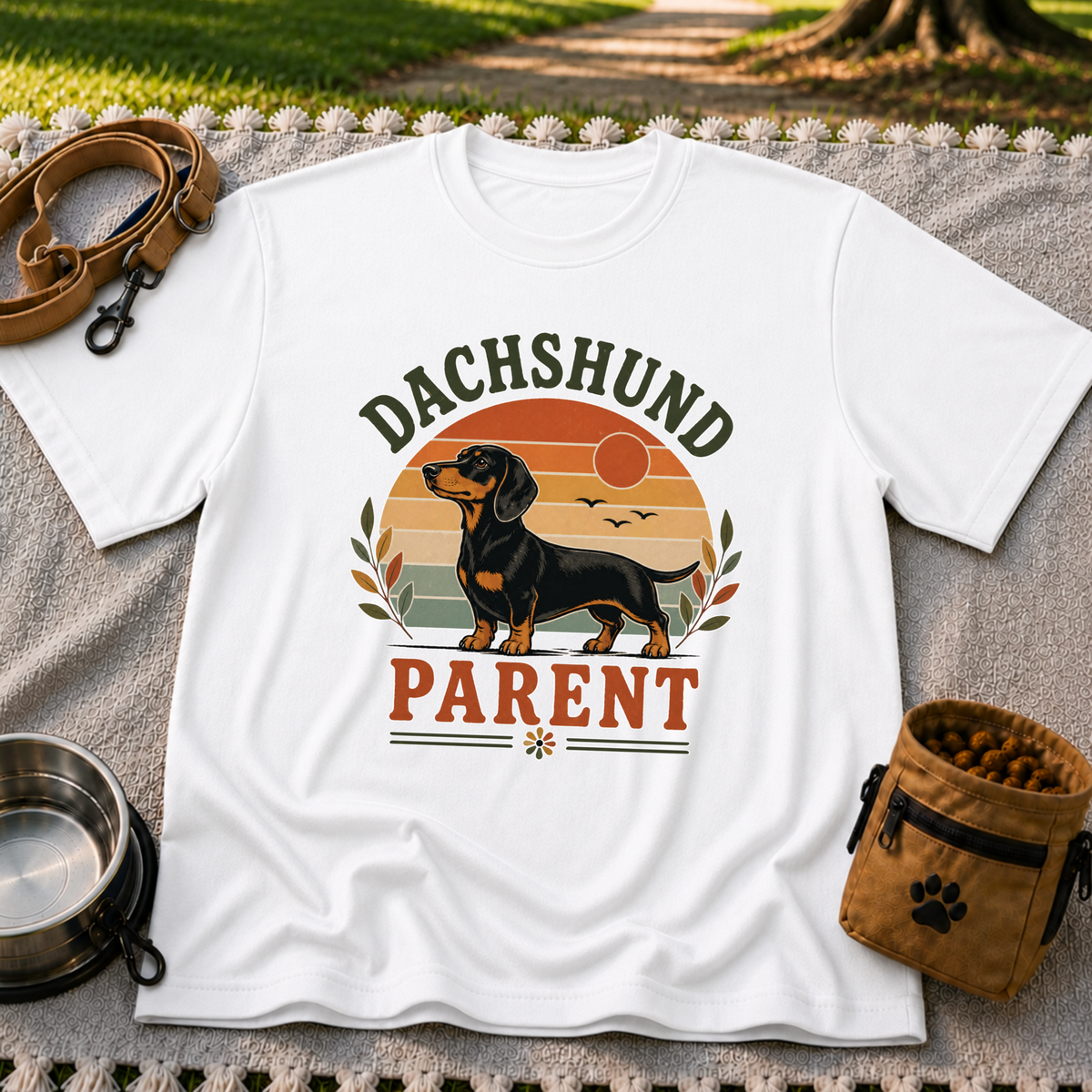 White T-shirt mockup featuring dachshund portrait in a striped sunset badge with Dachshund Parent lettering.