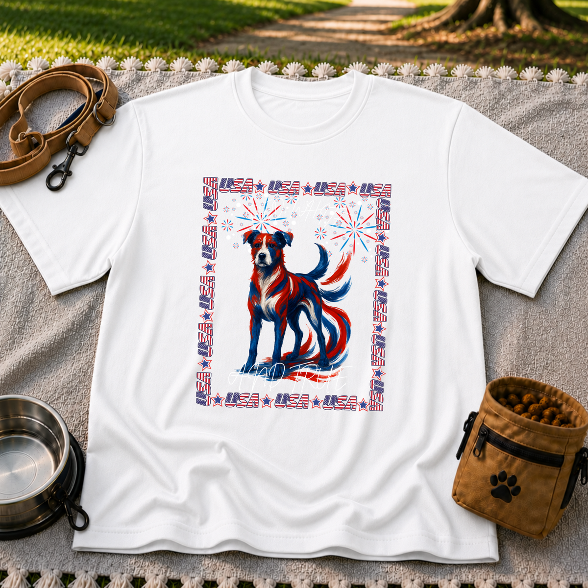 USA Fireworks Dog Lover design on a White T-shirt.