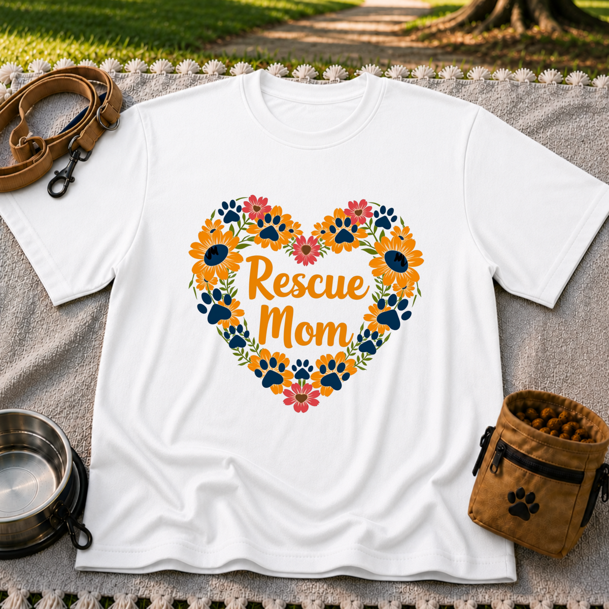 Rescue Mom Floral Paw design on a White T-shirt.