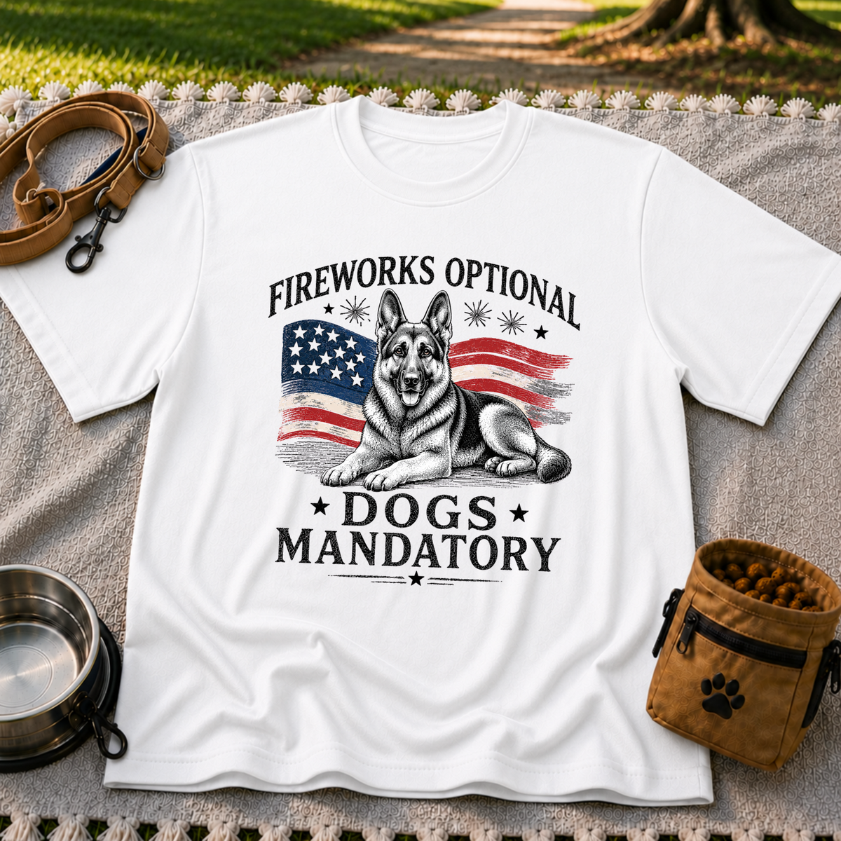 a German Shepherd beside “Fireworks optional, dogs mandatory”. On a White T-shirt.