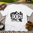 the word “Dogs” surrounded by several dog portraits. On a White T-shirt.