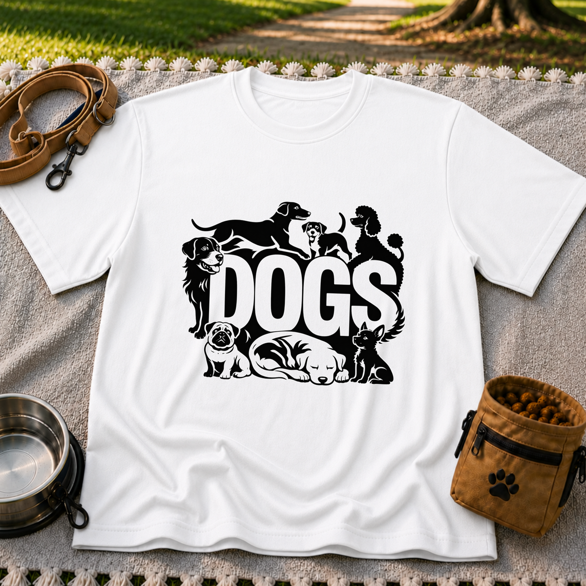 the word “Dogs” surrounded by several dog portraits. On a White T-shirt.