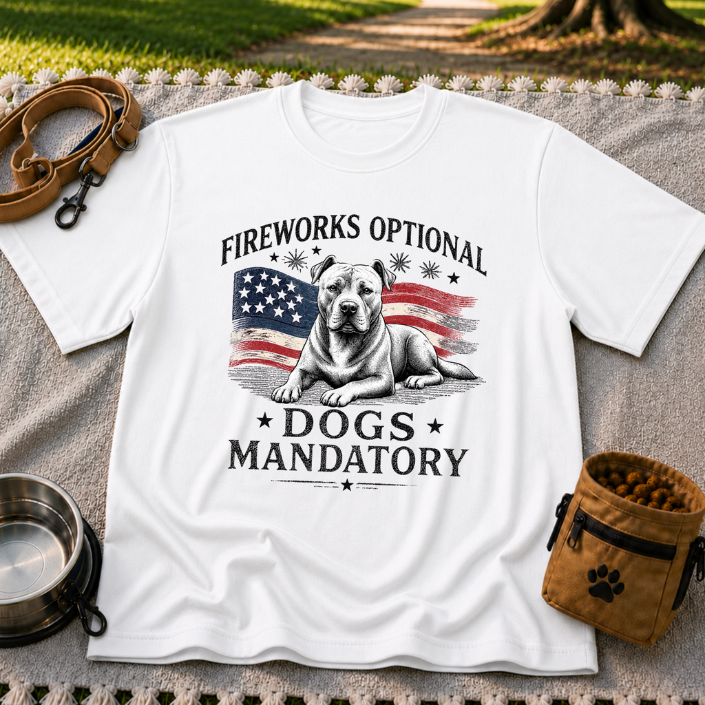 a pit bull beside “Fireworks optional, dogs mandatory”. On a White T-shirt.