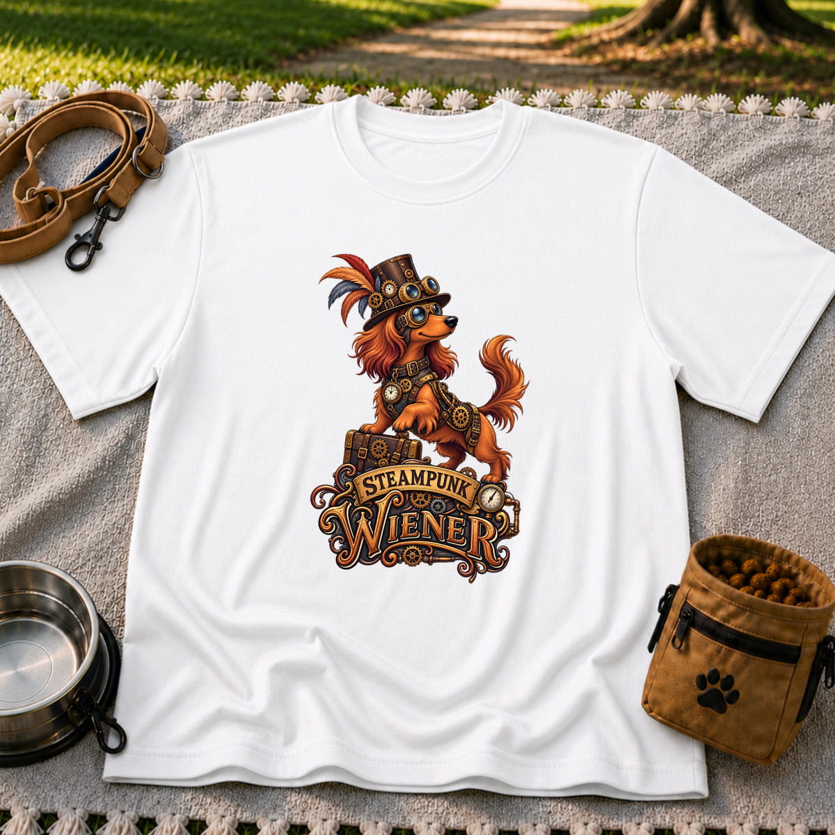 Steampunk Wiener Dog design on a White T-shirt.