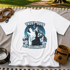 White T-shirt mockup featuring howling Husky against a rugged blue-toned mountain landscape.