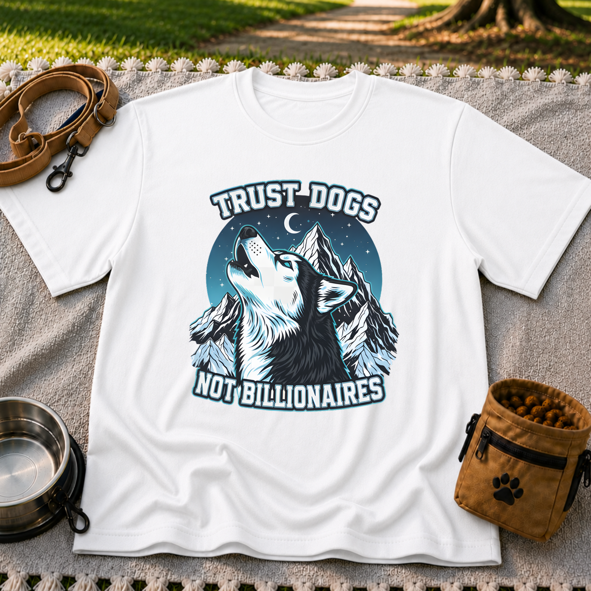White T-shirt mockup featuring howling Husky against a rugged blue-toned mountain landscape.