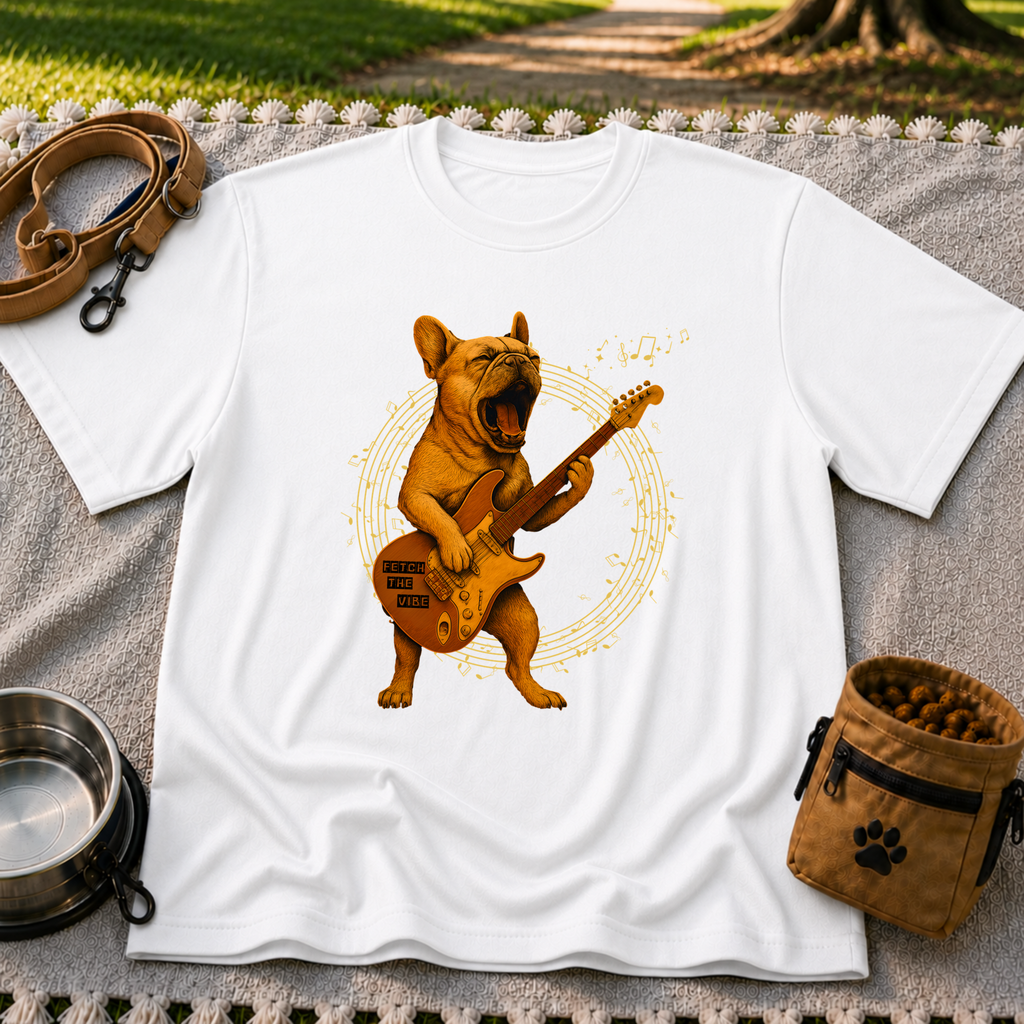 Rocking French Bulldog Guitar artwork on a White T-shirt.